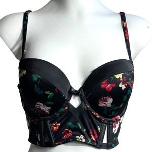 Victoria's Secret Black Floral Satin Boned Padded Underwire Bustier Size 34D
